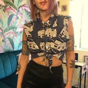 Vintage boom box sleeveless button up shirt